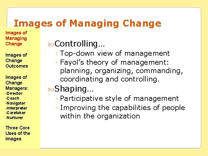 Images of Managing Change Images of Change Outcomes Images of Change Managers: -Director -Coach