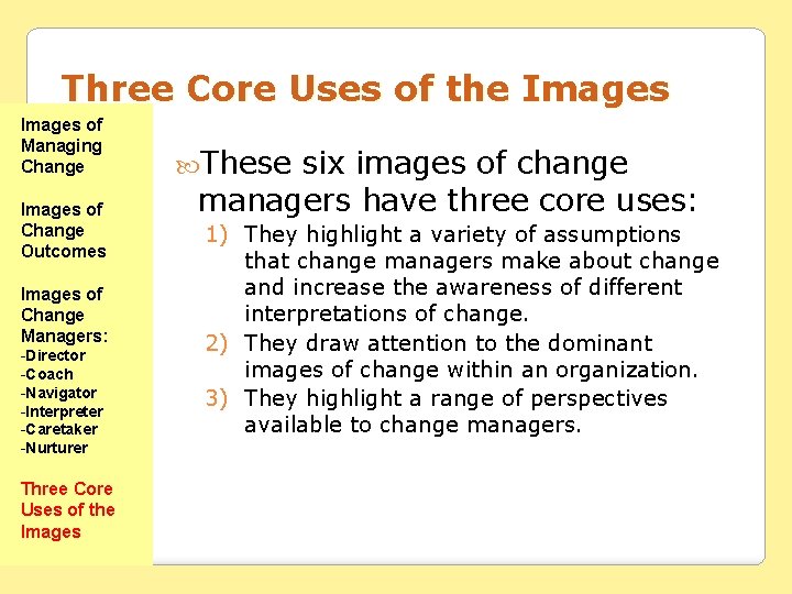 Three Core Uses of the Images of Managing Change Images of Change Outcomes Images