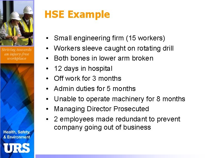 HSE Example • • • Small engineering firm (15 workers) Workers sleeve caught on