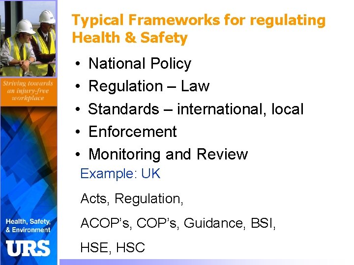 Typical Frameworks for regulating Health & Safety • • • National Policy Regulation –