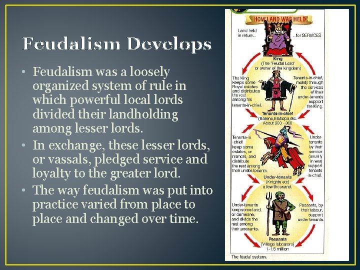 Feudalism Develops • Feudalism was a loosely organized system of rule in which powerful