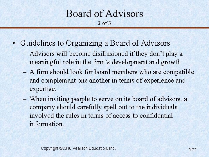 Board of Advisors 3 of 3 • Guidelines to Organizing a Board of Advisors