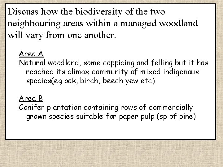 Discuss how the biodiversity of the two neighbouring areas within a managed woodland will