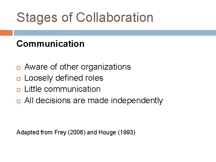 Stages of Collaboration Communication Aware of other organizations Loosely defined roles Little communication All