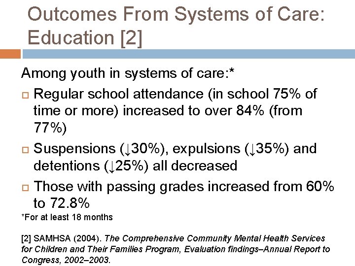 Outcomes From Systems of Care: Education [2] Among youth in systems of care: *