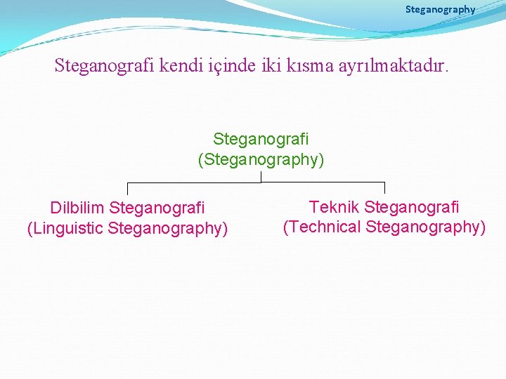 Steganography Steganografi kendi içinde iki kısma ayrılmaktadır. Steganografi (Steganography) Dilbilim Steganografi (Linguistic Steganography) Teknik