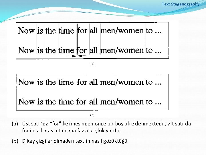 Text Steganography (a) Üst satır’da “for” kelimesinden önce bir boşluk eklenmektedir, alt satırda for