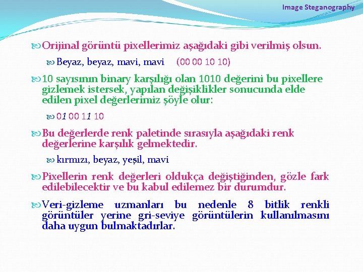 Image Steganography Orijinal görüntü pixellerimiz aşağıdaki gibi verilmiş olsun. Beyaz, beyaz, mavi (00 00