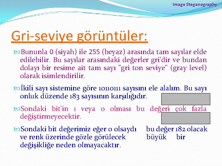 Image Steganography Gri-seviye görüntüler: Bununla 0 (siyah) ile 255 (beyaz) arasında tam sayılar elde