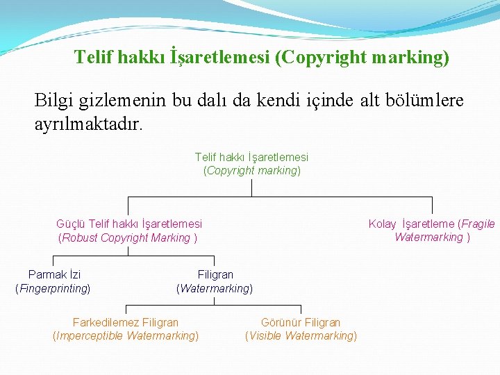 Telif hakkı İşaretlemesi (Copyright marking) Bilgi gizlemenin bu dalı da kendi içinde alt bölümlere