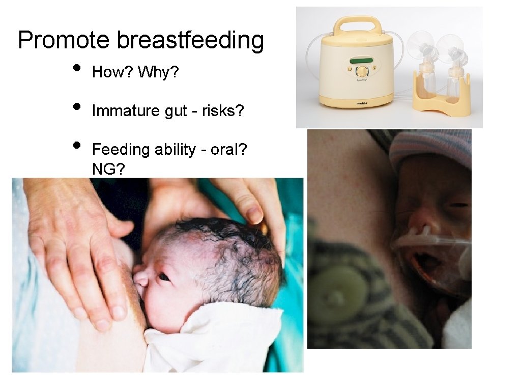 Promote breastfeeding • • • How? Why? Immature gut - risks? Feeding ability -