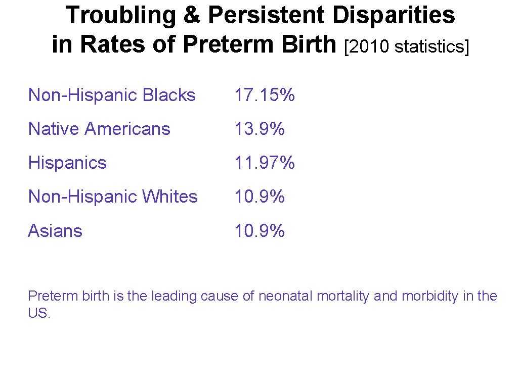 Troubling & Persistent Disparities in Rates of Preterm Birth [2010 statistics] Non-Hispanic Blacks 17.