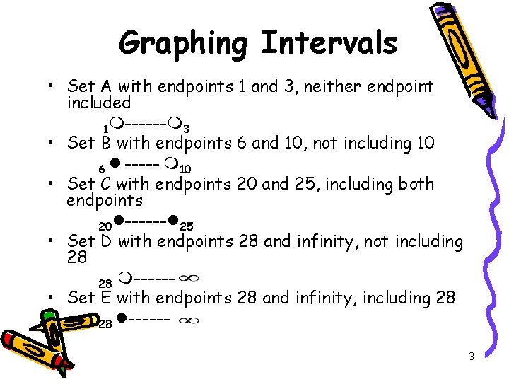 Graphing Intervals • Set A with endpoints 1 and 3, neither endpoint included 1
