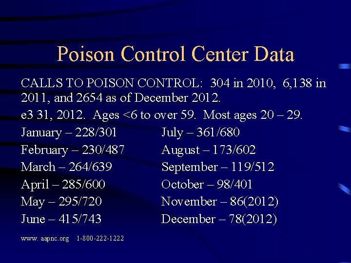 Poison Control Center Data CALLS TO POISON CONTROL: 304 in 2010, 6, 138 in