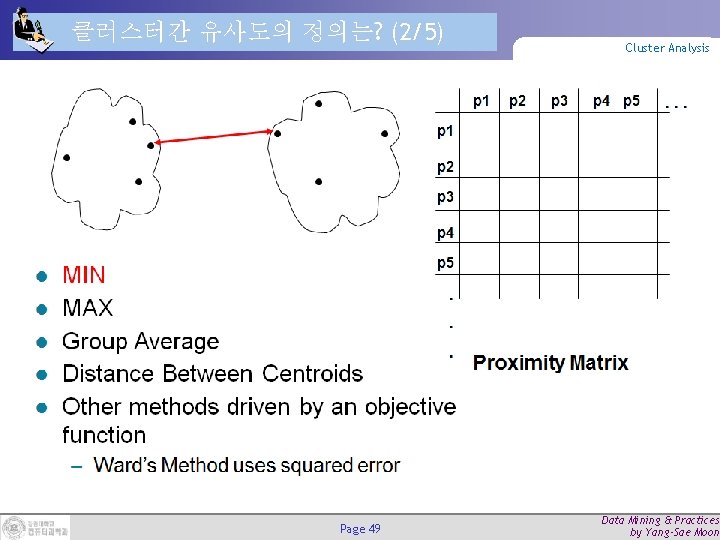 클러스터간 유사도의 정의는? (2/5) Page 49 Cluster Analysis Data Mining & Practices by Yang-Sae 클러스터간 유사도의 정의는? (2/5) Page 49 Cluster Analysis Data Mining & Practices by Yang-Sae
