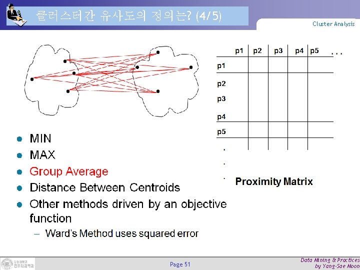 클러스터간 유사도의 정의는? (4/5) Page 51 Cluster Analysis Data Mining & Practices by Yang-Sae 클러스터간 유사도의 정의는? (4/5) Page 51 Cluster Analysis Data Mining & Practices by Yang-Sae