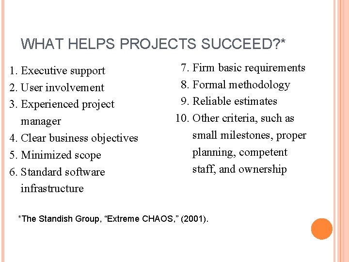 WHAT HELPS PROJECTS SUCCEED? * 1. Executive support 2. User involvement 3. Experienced project