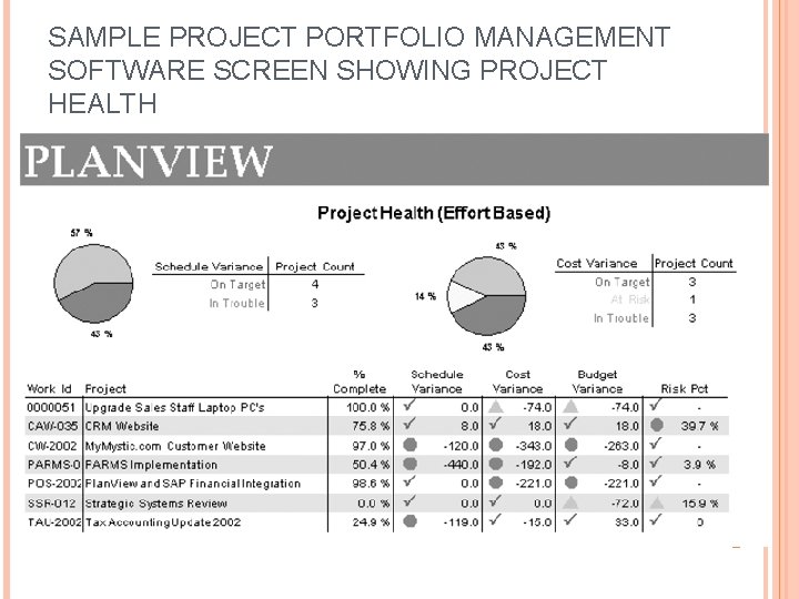 SAMPLE PROJECT PORTFOLIO MANAGEMENT SOFTWARE SCREEN SHOWING PROJECT HEALTH 