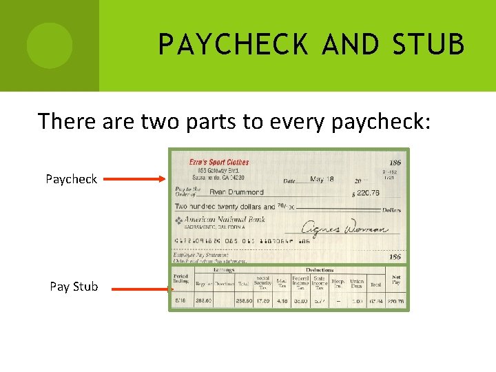 PAYCHECK AND STUB There are two parts to every paycheck: Paycheck Pay Stub 