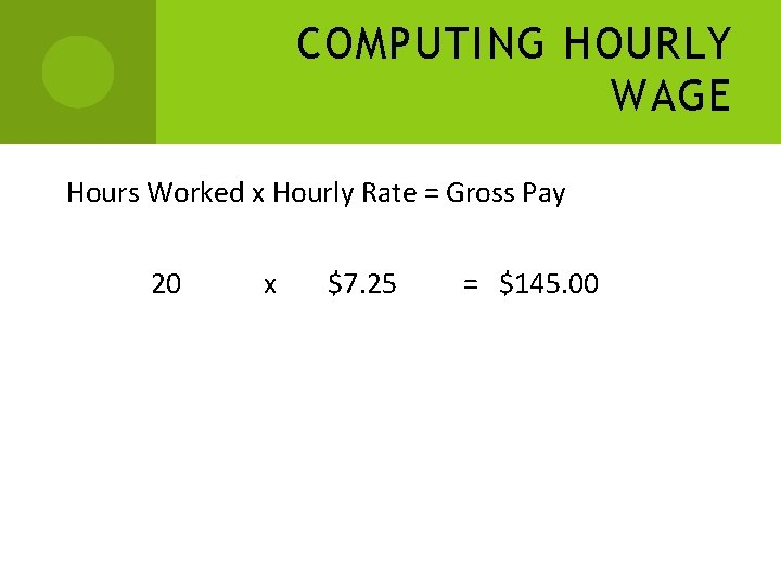 COMPUTING HOURLY WAGE Hours Worked x Hourly Rate = Gross Pay 20 x $7.