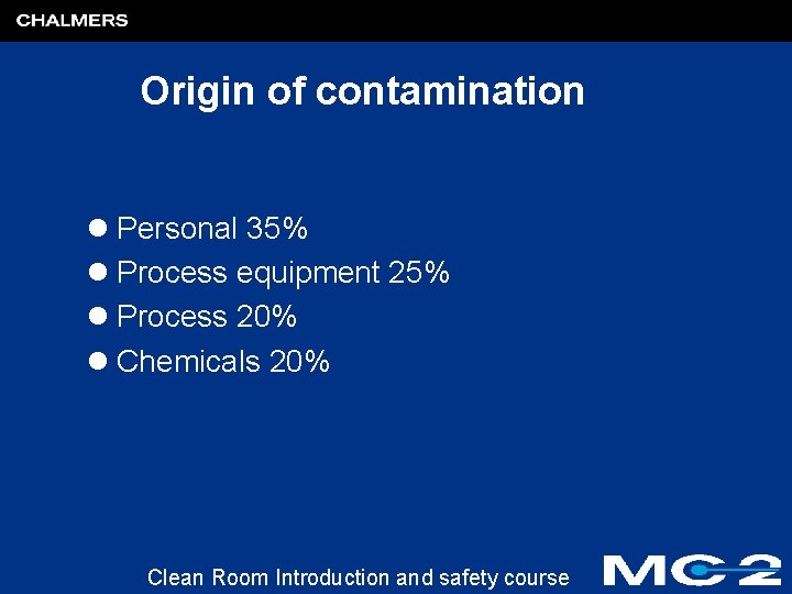 Origin of contamination l Personal 35% l Process equipment 25% l Process 20% l