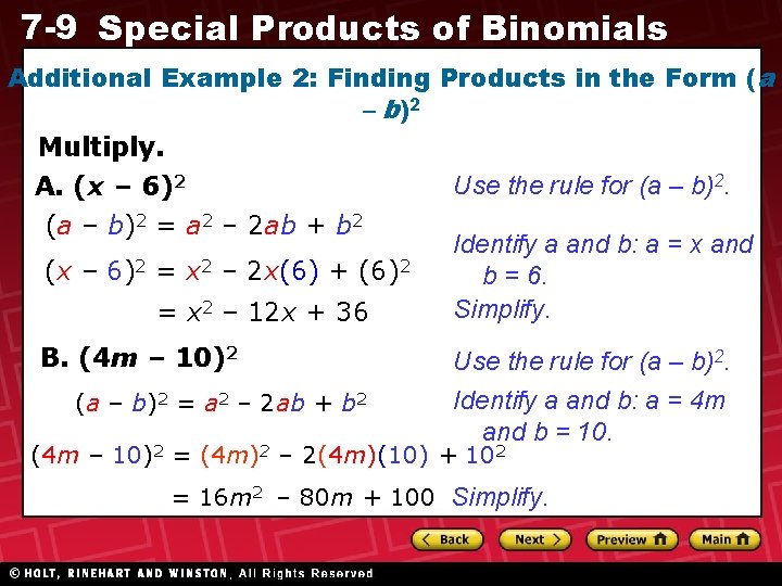 7 -9 Special Products of Binomials Additional Example 2: Finding Products in the Form