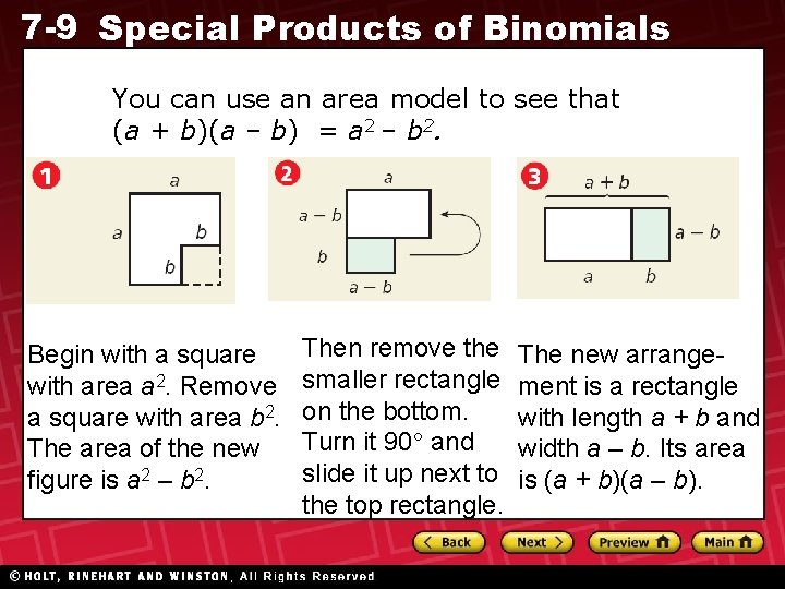 7 -9 Special Products of Binomials You can use an area model to see