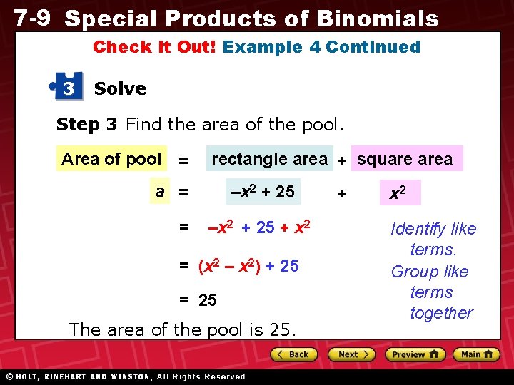 7 -9 Special Products of Binomials Check It Out! Example 4 Continued 3 Solve