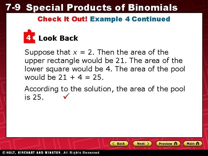 7 -9 Special Products of Binomials Check It Out! Example 4 Continued 4 Look