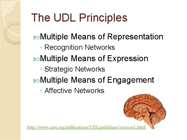 The UDL Principles Multiple Means of Representation ◦ Recognition Networks Multiple Means of Expression The UDL Principles Multiple Means of Representation ◦ Recognition Networks Multiple Means of Expression