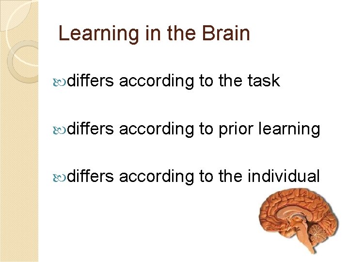 Learning in the Brain differs according to the task differs according to prior learning Learning in the Brain differs according to the task differs according to prior learning
