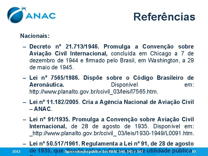 Referências Nacionais: – Decreto nº 21. 713/1946. Promulga a Convenção sobre Aviação Civil Internacional,