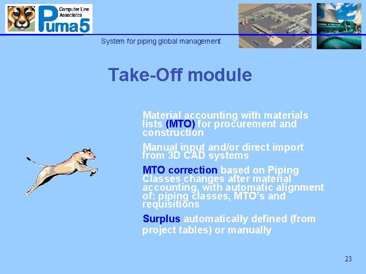 System for piping global management Take-Off module Material accounting with materials lists (MTO) for