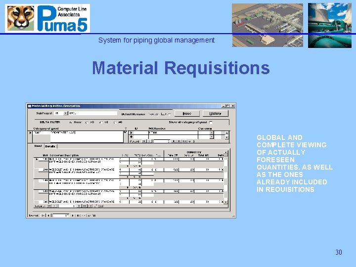 System for piping global management Material Requisitions GLOBAL AND COMPLETE VIEWING OF ACTUALLY FORESEEN