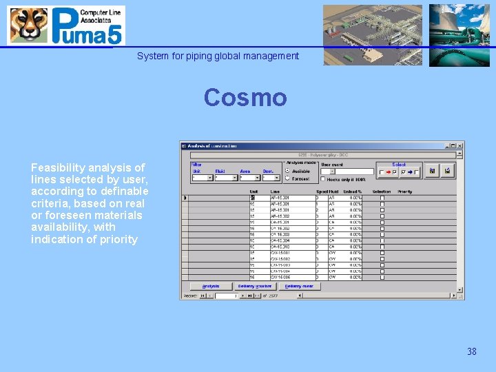 System for piping global management Cosmo Feasibility analysis of lines selected by user, according