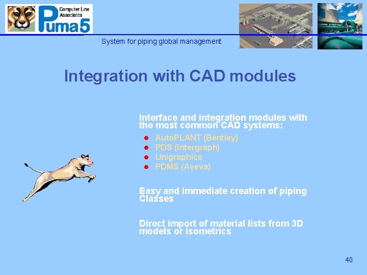 System for piping global management Integration with CAD modules Interface and integration modules with