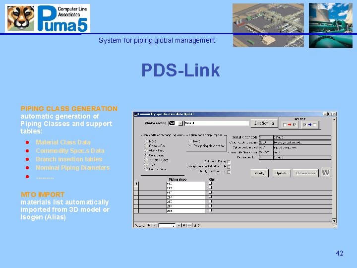 System for piping global management PDS-Link PIPING CLASS GENERATION automatic generation of Piping Classes