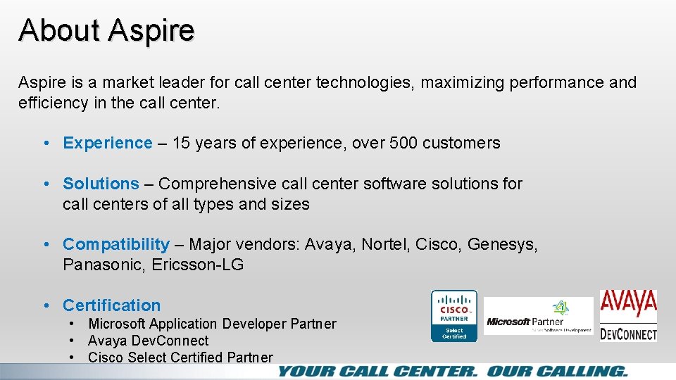 About Aspire is a market leader for call center technologies, maximizing performance and efficiency