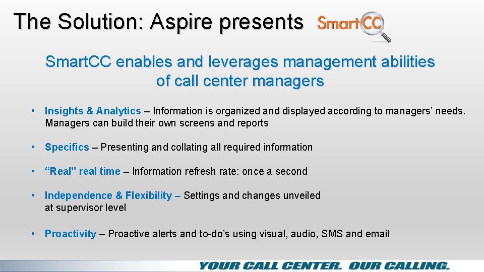 The Solution: Aspire presents Smart. CC enables and leverages management abilities of call center