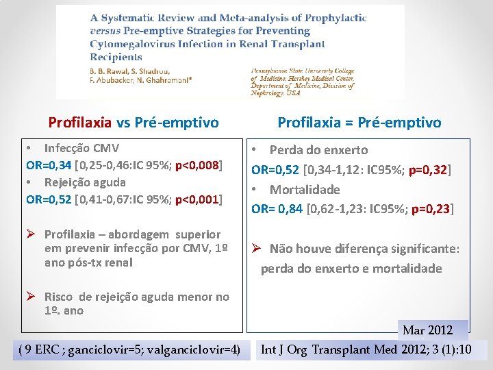 Profilaxia vs Pré-emptivo • Infecção CMV OR=0, 34 [0, 25 -0, 46: IC 95%;