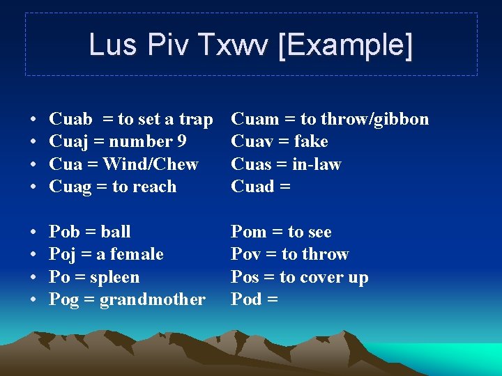 Lus Piv Txwv [Example] • • Cuab = to set a trap Cuaj =