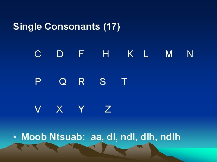 Single Consonants (17) C D F Q R S P V X Y H