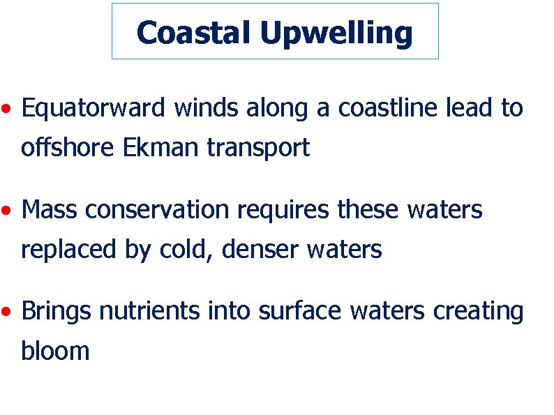 Coastal Upwelling • Equatorward winds along a coastline lead to offshore Ekman transport •