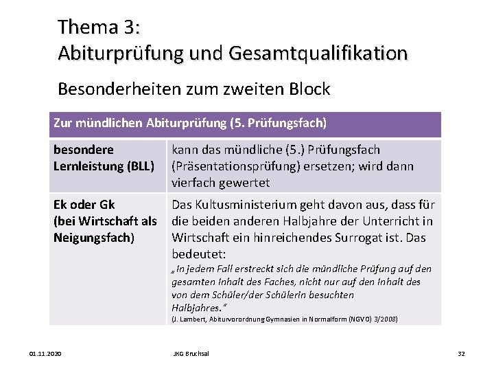 Thema 3: Abiturprüfung und Gesamtqualifikation Besonderheiten zum zweiten Block Zur mündlichen Abiturprüfung (5. Prüfungsfach)