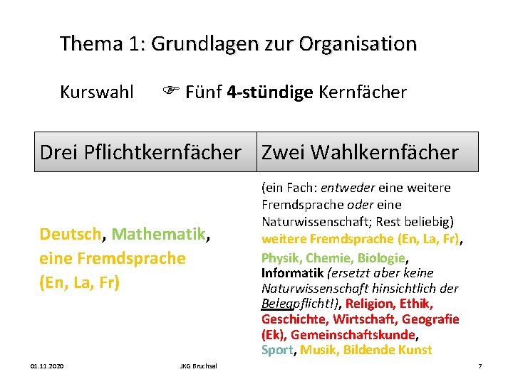 Thema 1: Grundlagen zur Organisation Kurswahl Fünf 4 -stündige Kernfächer Drei Pflichtkernfächer Zwei Wahlkernfächer