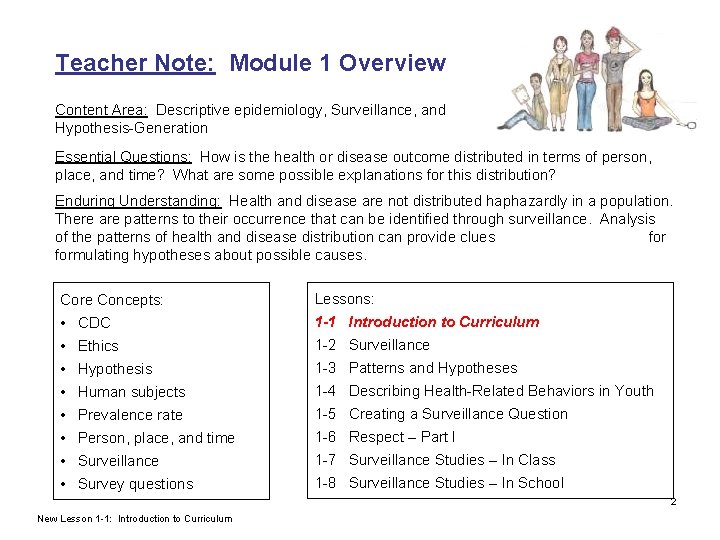 Teacher Note: Module 1 Overview Content Area: Descriptive epidemiology, Surveillance, and Hypothesis-Generation Essential Questions: