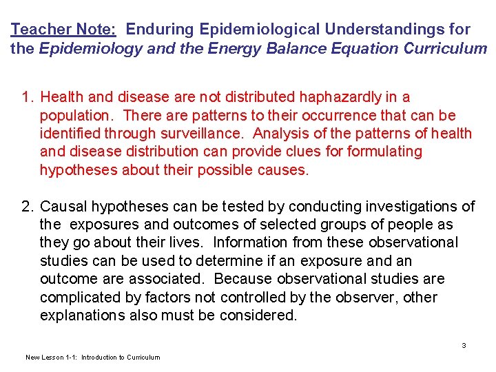 Teacher Note: Enduring Epidemiological Understandings for the Epidemiology and the Energy Balance Equation Curriculum