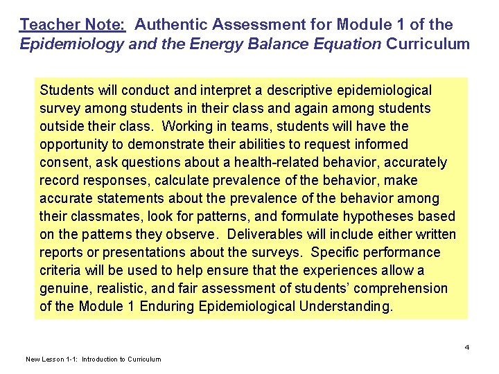 Teacher Note: Authentic Assessment for Module 1 of the Epidemiology and the Energy Balance