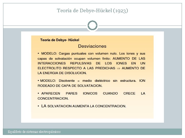 Teoría de Debye-Hückel (1923) Equilibrio de sistemas electroquímicos 