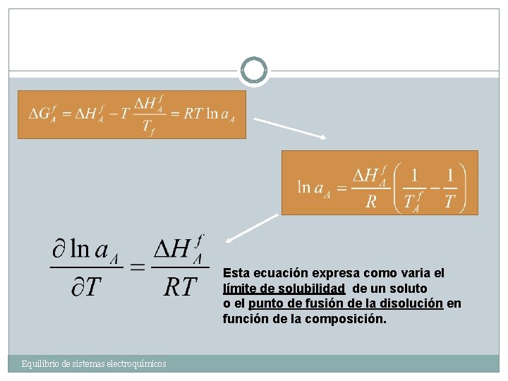 Esta ecuación expresa como varia el límite de solubilidad de un soluto o el